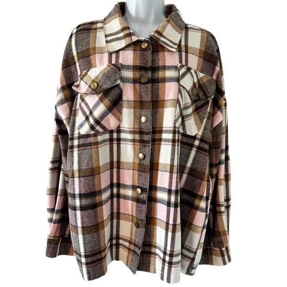 De Sepreso Plaid Brown Pink White Shacket Top Size XXL - Picture 1 of 7